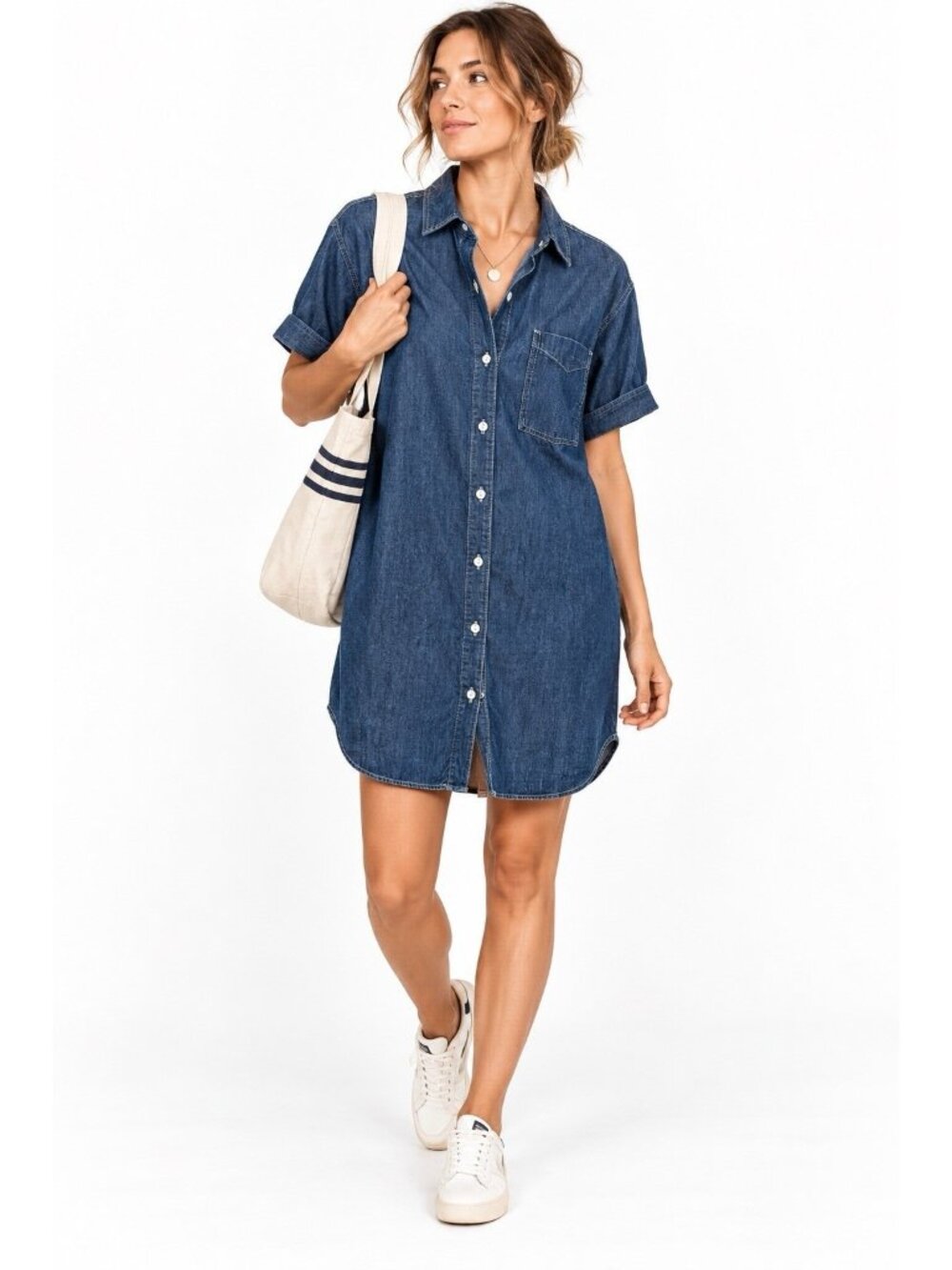 AMO denim military shirt dress medium wash SMALL chambray blue short sleeve